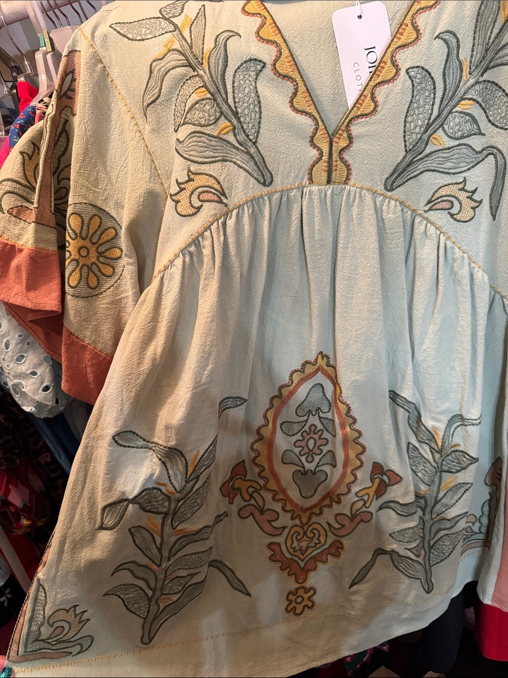 NwT Love Embroidered Tunic in Cream with Terracotta and Sage Accents